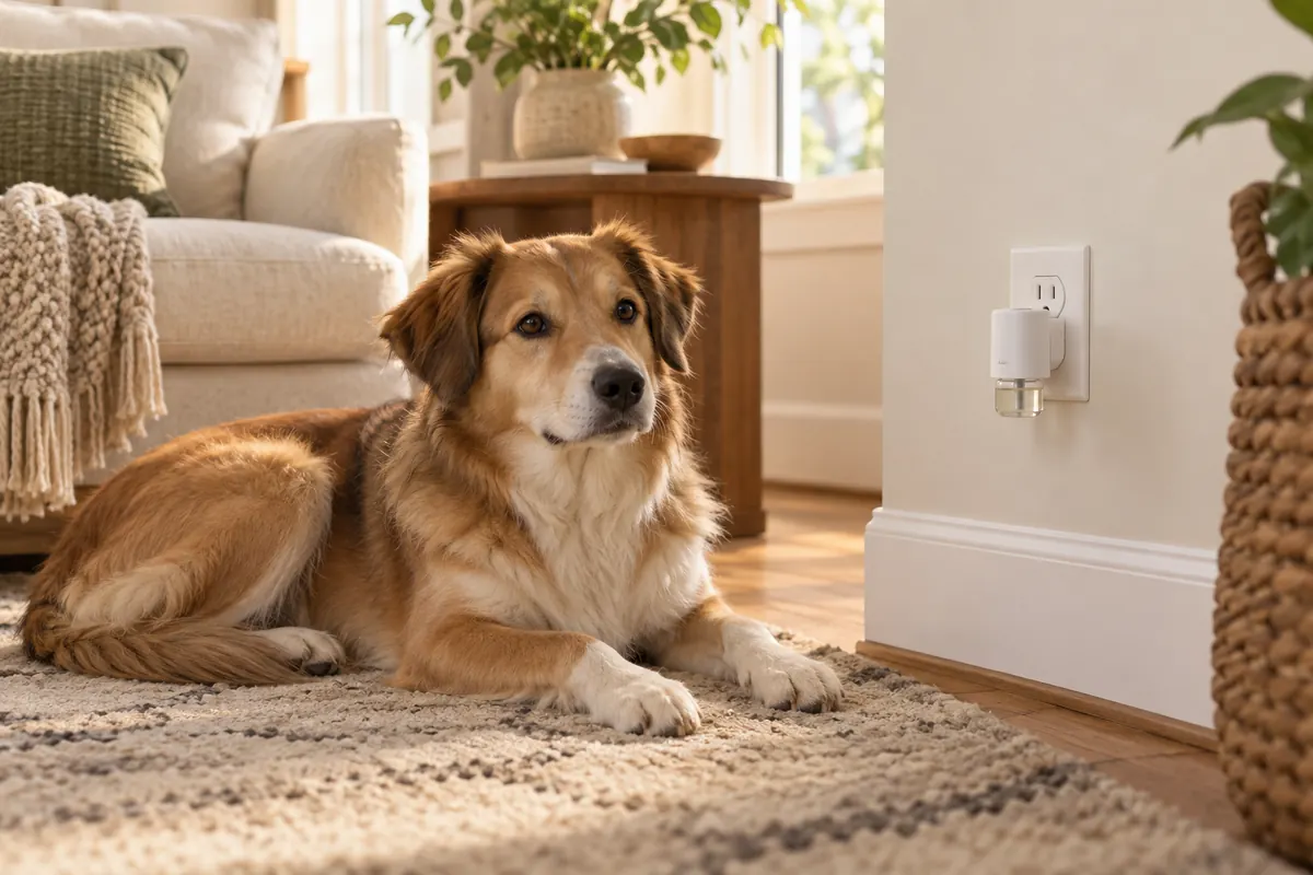 Calm dog resting in a living room near a plug-in calming diffuser