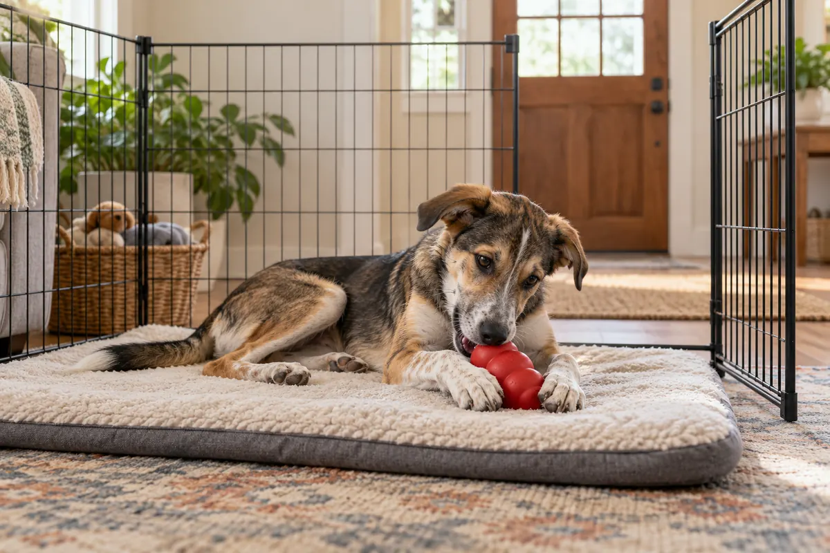 A lanky adolescent mixed-breed dog lies on a cushioned bed inside a play pen in a bright living room, calmly chewing a red rubber food toy.