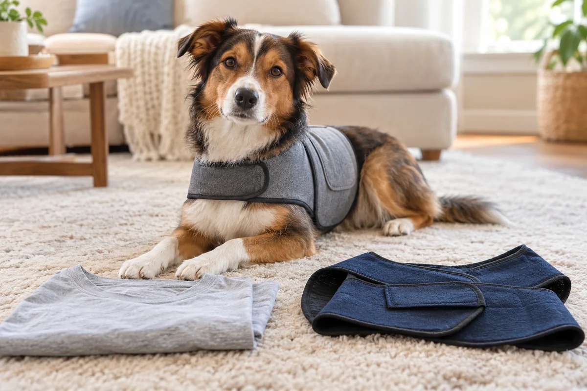 Calm mixed-breed dog wearing a grey calming vest beside a folded grey T-shirt and a navy anxiety wrap on a cream rug
