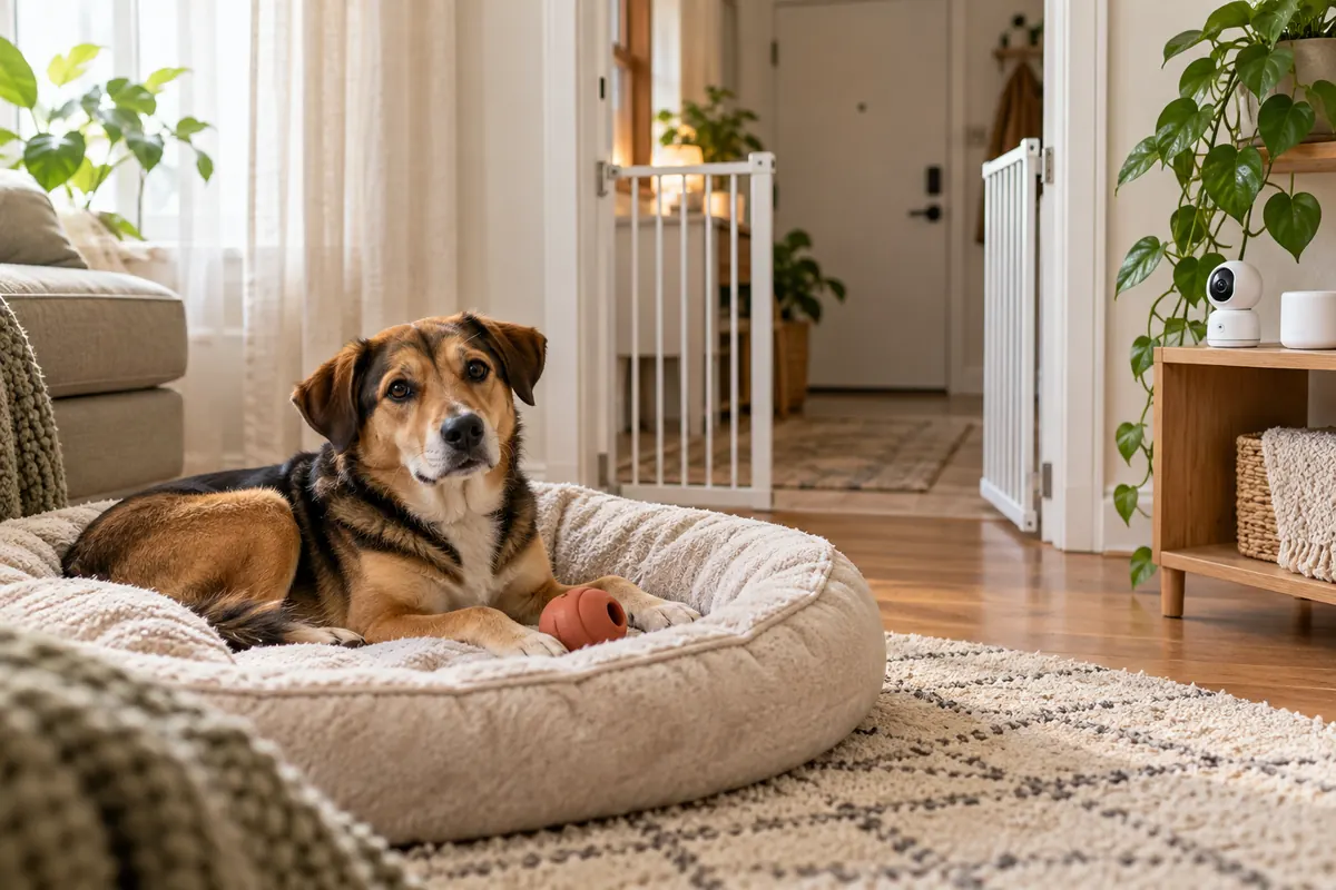 Calm brown, black and tan dog lying on a cream round bed with an orange rubber food toy in a bright small apartment, an open white pet gate in the doorway with the front door behind, and a white pet camera and white noise machine on a wooden shelf beside a plant