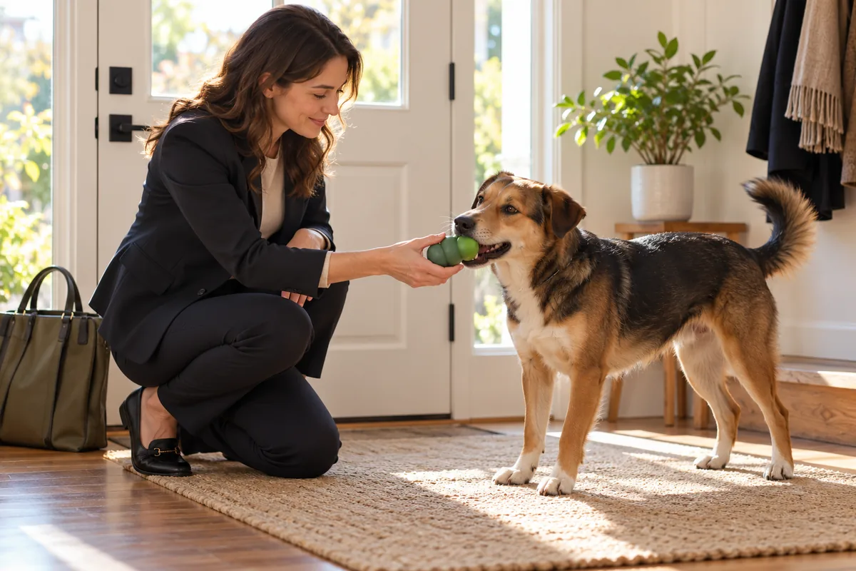 A woman in a dark work suit kneels by the front door to hand a calm tan and black mixed-breed dog a green stuffed rubber food toy, her work bag beside her in bright morning light