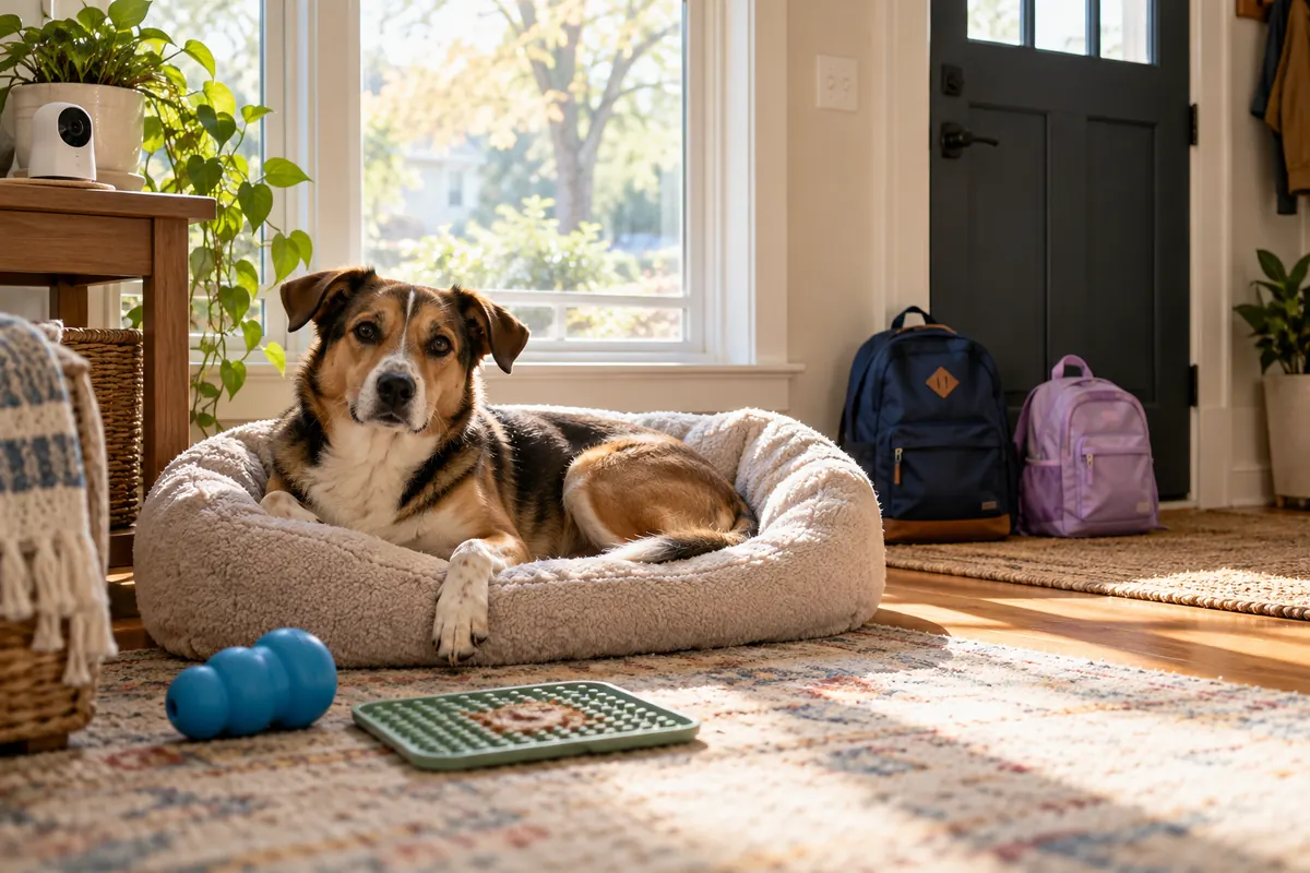 Calm medium-sized dog resting on a soft bed by a sunny front door in a family home in the morning, with two children's school backpacks nearby, a rubber food toy and a lick mat on the floor