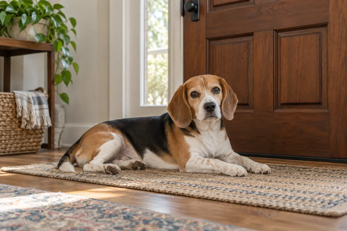Beagle showing common signs of dog anxiety