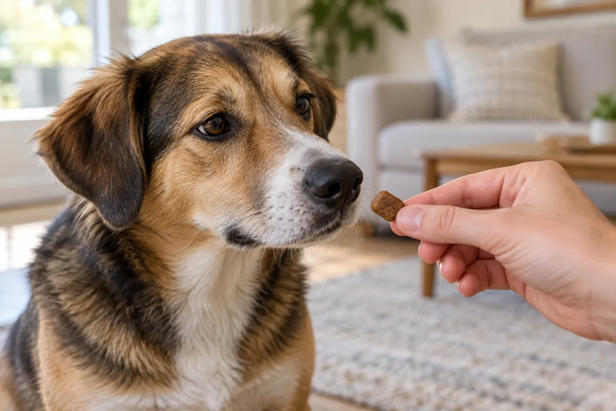 Calm dog accepting a soft calming chew from an owner hand