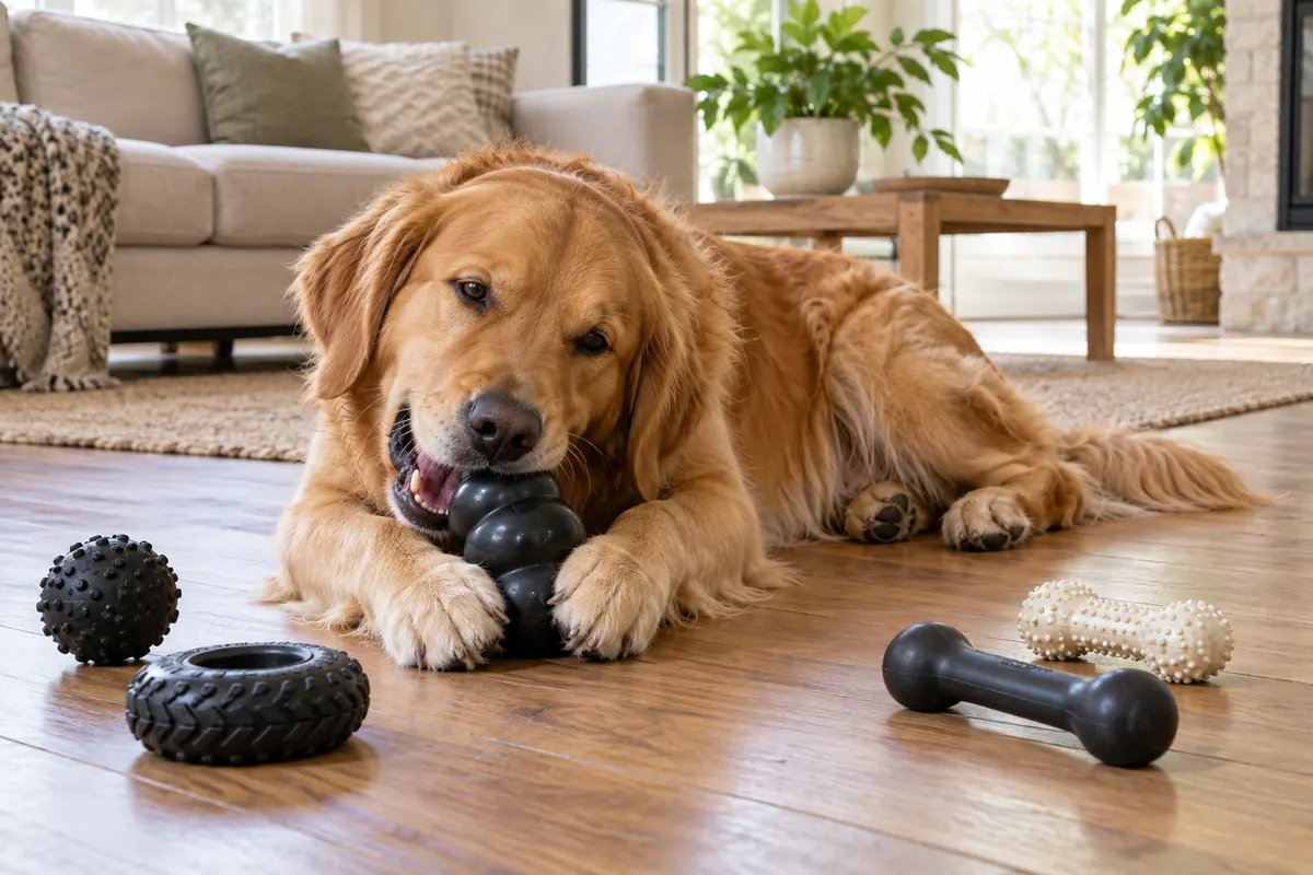 A golden retriever lying on a wooden floor in a bright living room, gnawing a black rubber chew toy held between its front paws, with a spiky rubber ball, a rubber tire toy and two bone-shaped chew toys nearby