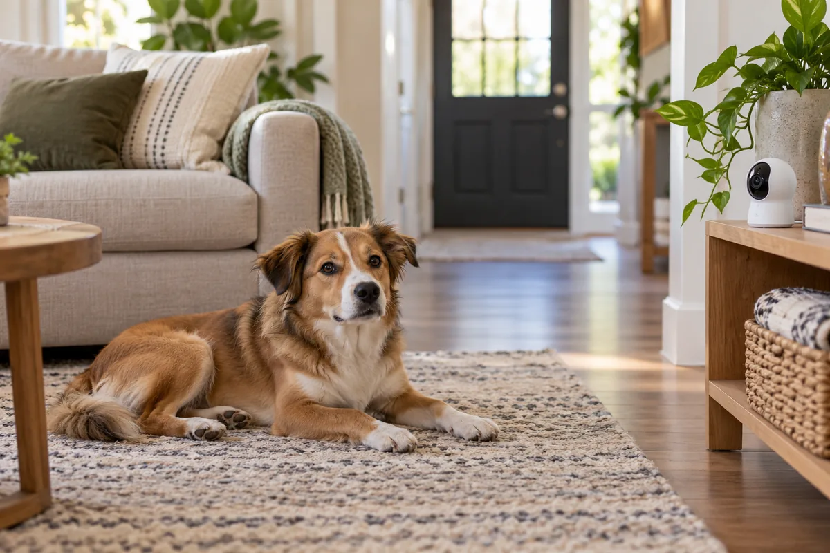 Calm dog resting in a living room watched by a small pet camera on a shelf