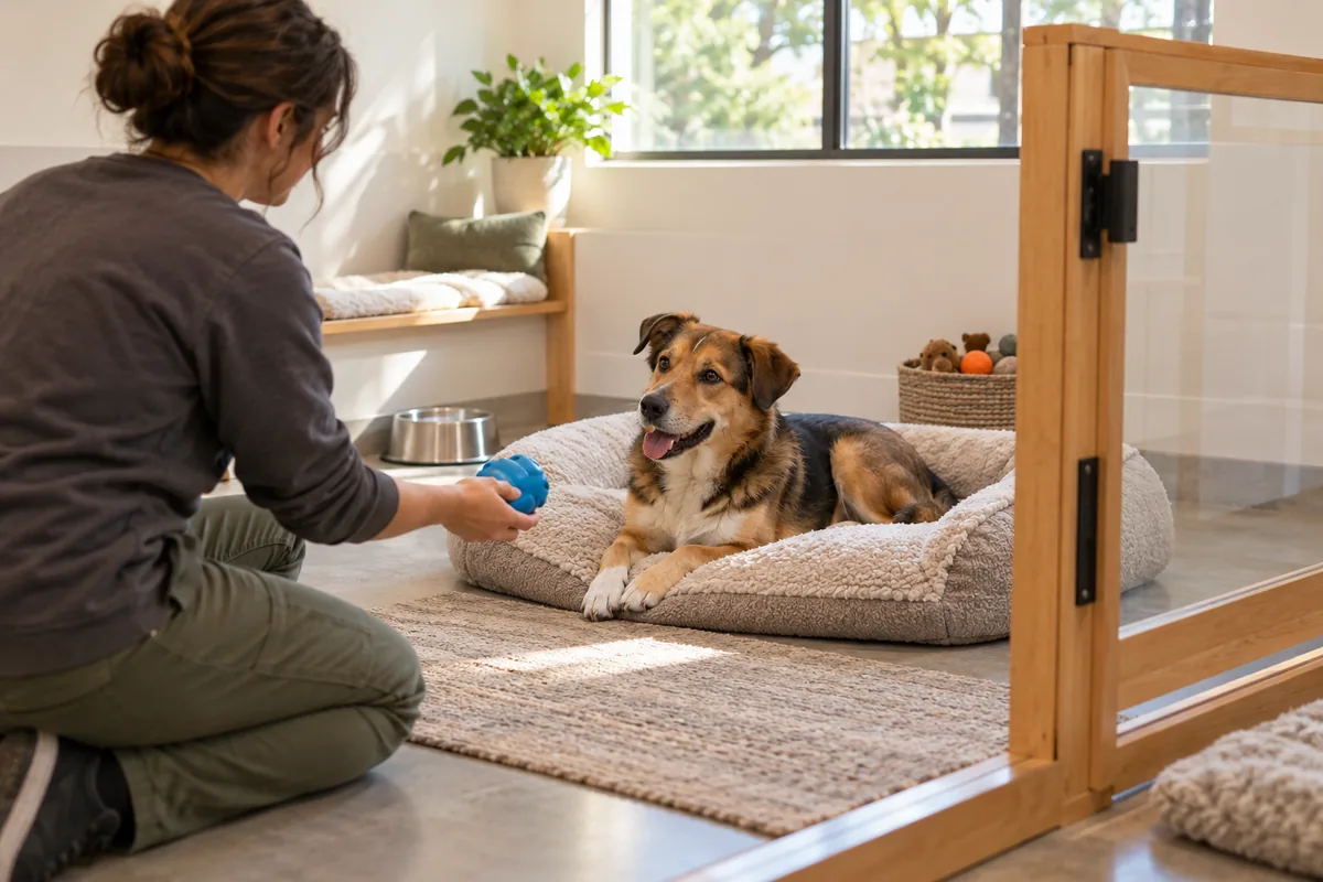A happy brown, black and tan dog relaxes on a cream fluffy round bed in a bright boarding room behind a low glass-and-wood gate, while a kneeling caregiver, face turned away, offers a blue rubber food toy
