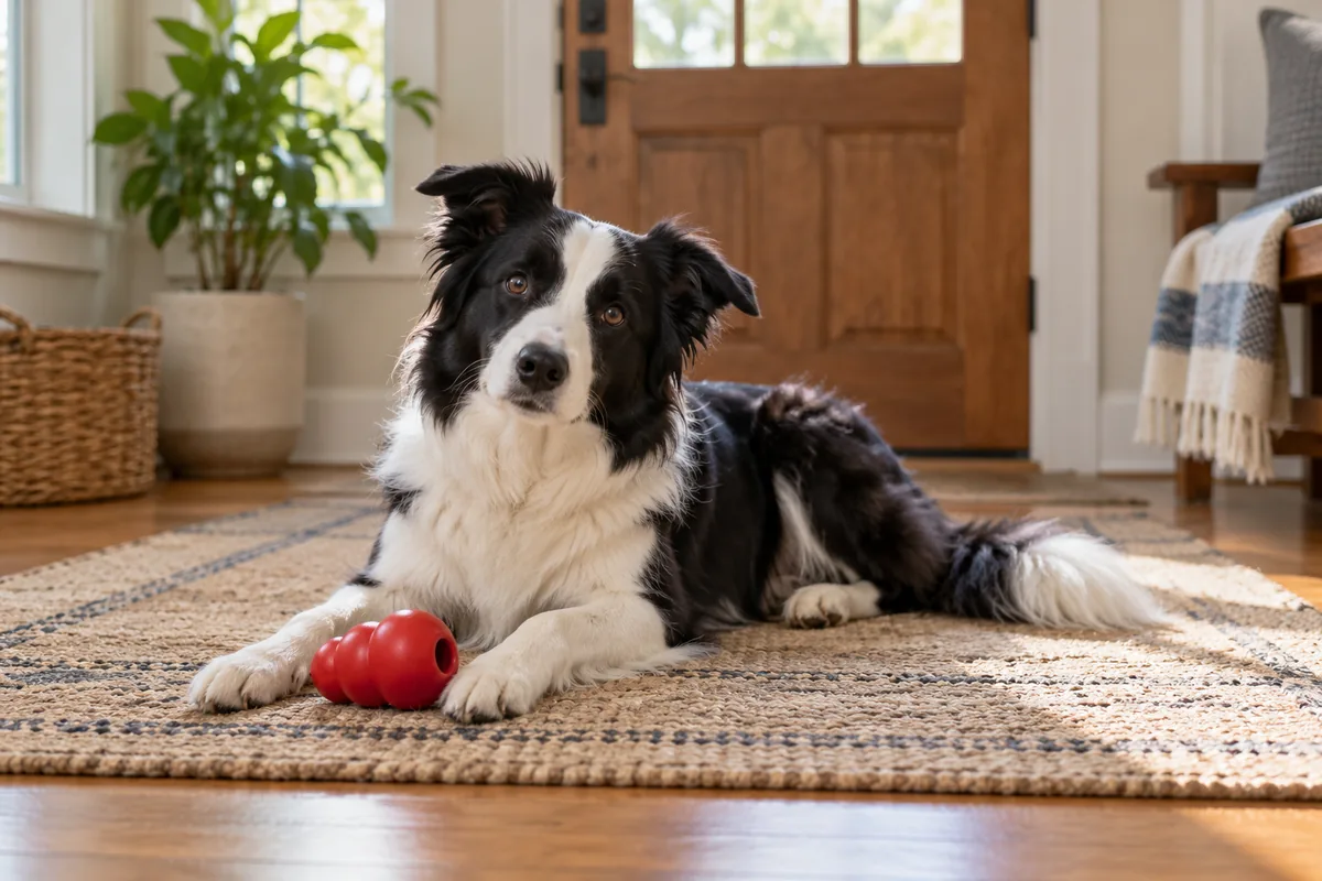 Calm black-and-white Border Collie resting on a rug beside a red stuffable toy near a sunlit home doorway.