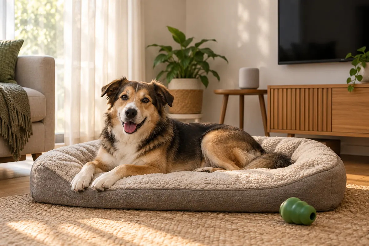 A happy black, tan and white mixed-breed dog lies on a grey-and-cream fleece bed on a jute rug in a sunny living room, with a green rubber food toy nearby, a small smart speaker on a side table and a TV turned off behind