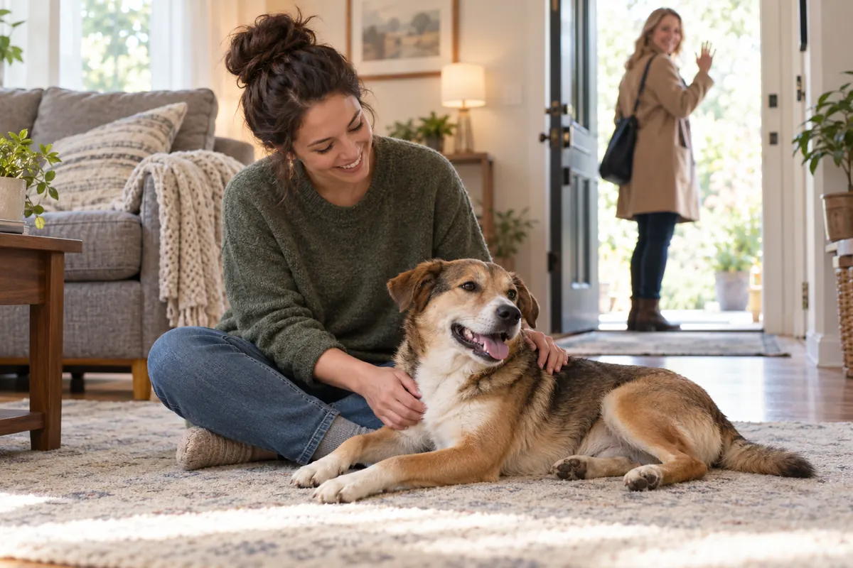 A smiling pet sitter in a green sweater sits on a living room rug petting a relaxed tan, brown and white mixed-breed dog while the owner in a beige coat waves goodbye from the front door