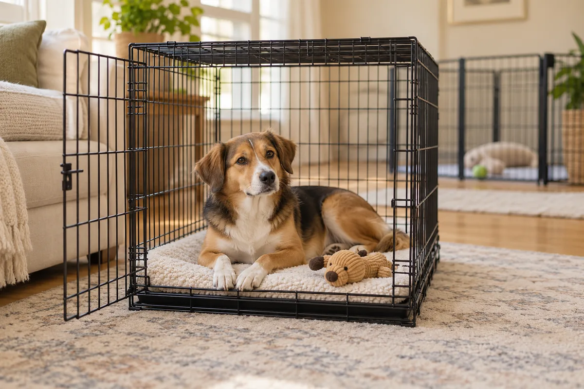 Calm mixed-breed dog resting inside an open wire crate beside a foldable exercise pen in a living room
