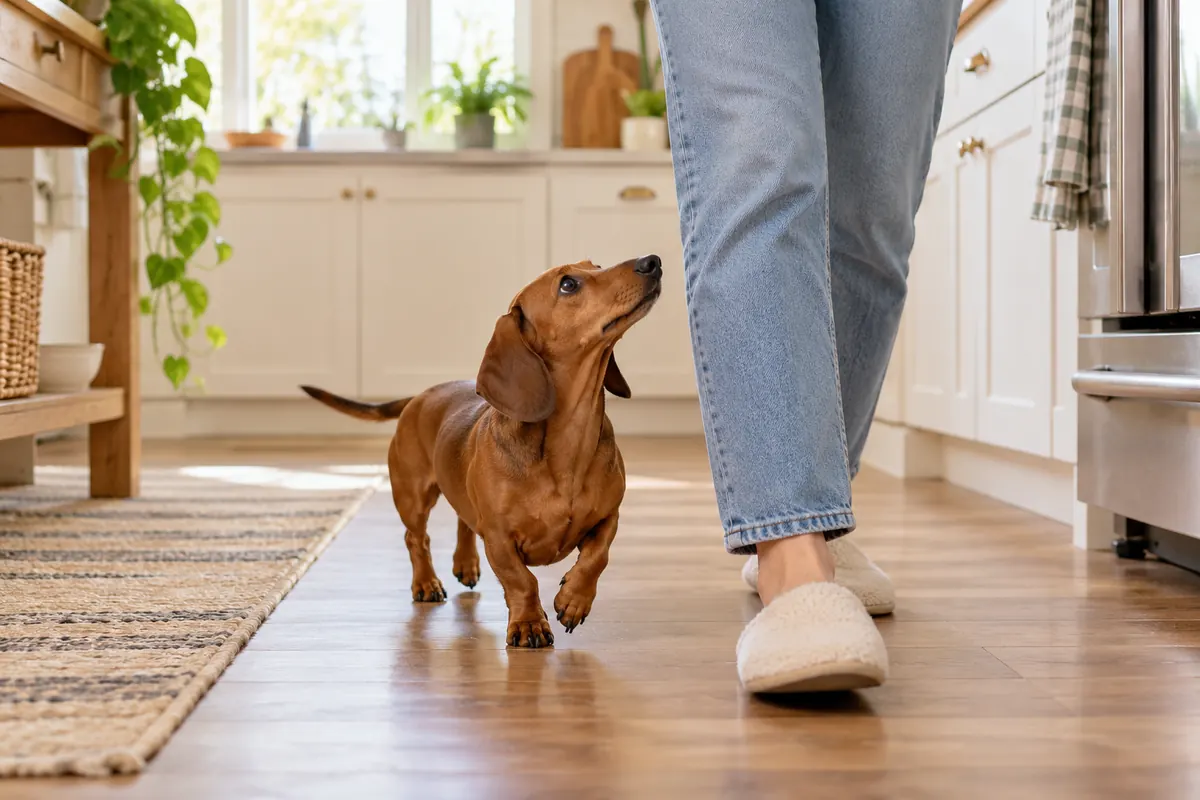 Red dachshund following closely at its owner's feet in the kitchen and looking up for attention