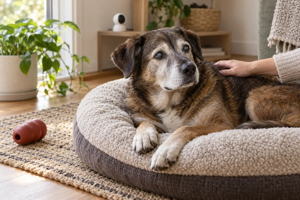 Calm older brindle dog with slightly cloudy eyes resting on a round fleece bed while a person's hand gently rests on its shoulder, with a red rubber food toy on a woven mat and a small white pet camera on a low shelf