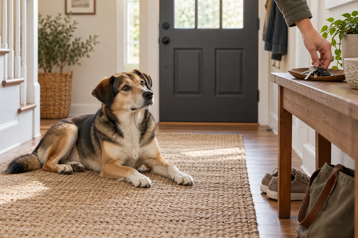 A calm adult dog lies relaxed on a woven jute rug in a bright hallway, watching a person's hand pick up a set of house keys from a small wooden entry table beside the front door, with shoes and a canvas bag nearby.