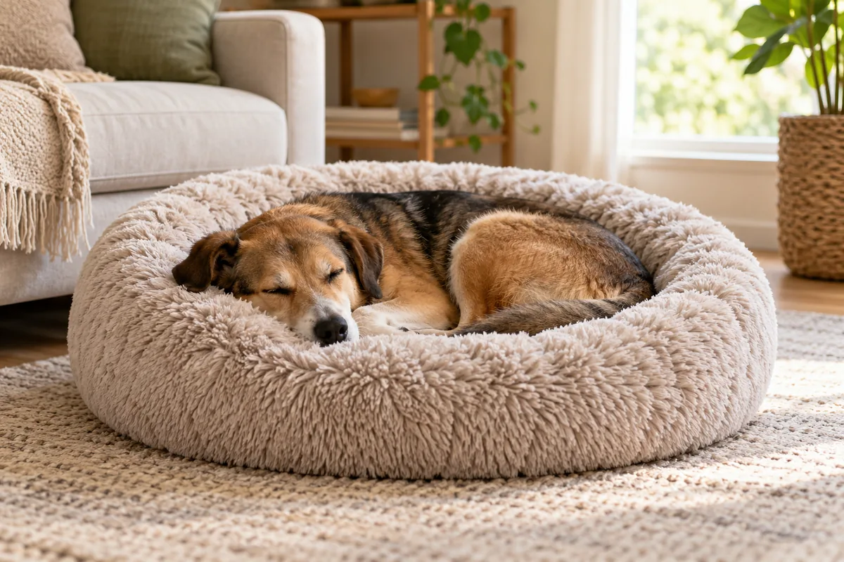 Calm dog curled up asleep in a round donut-style calming bed in a cozy living room