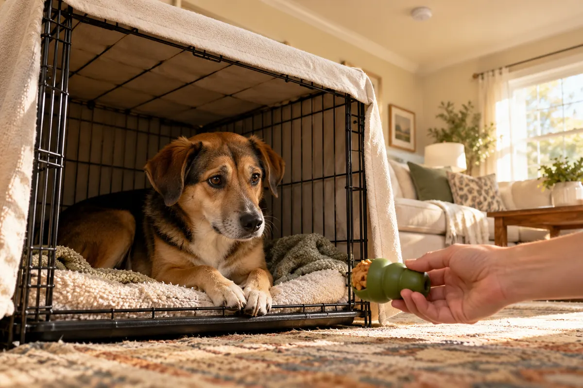 Worried mixed-breed dog resting on soft bedding inside a blanket-covered wire crate while an owner's hand offers a stuffed KONG-style toy in a sunny living room with a smoke detector on the ceiling.