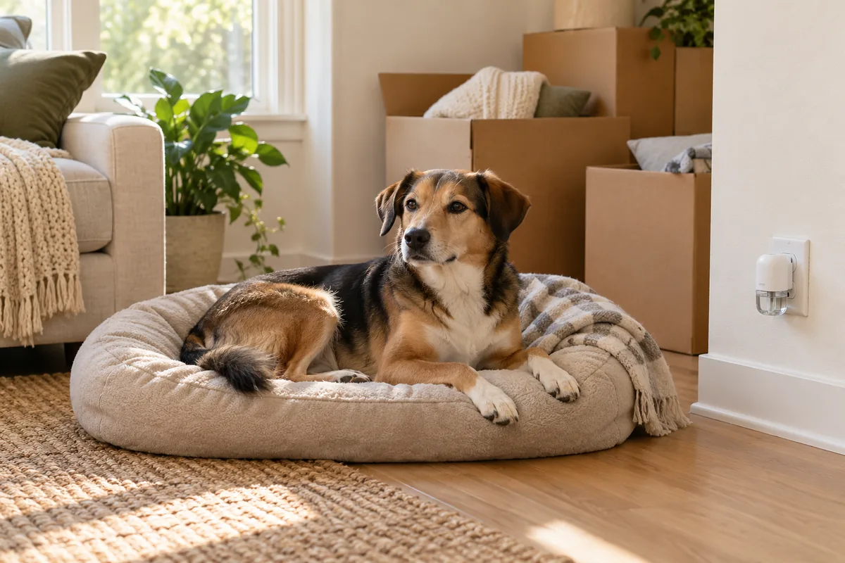 Calm mixed-breed dog resting on a cushioned bed in a new living room beside half-unpacked moving boxes and a plug-in diffuser