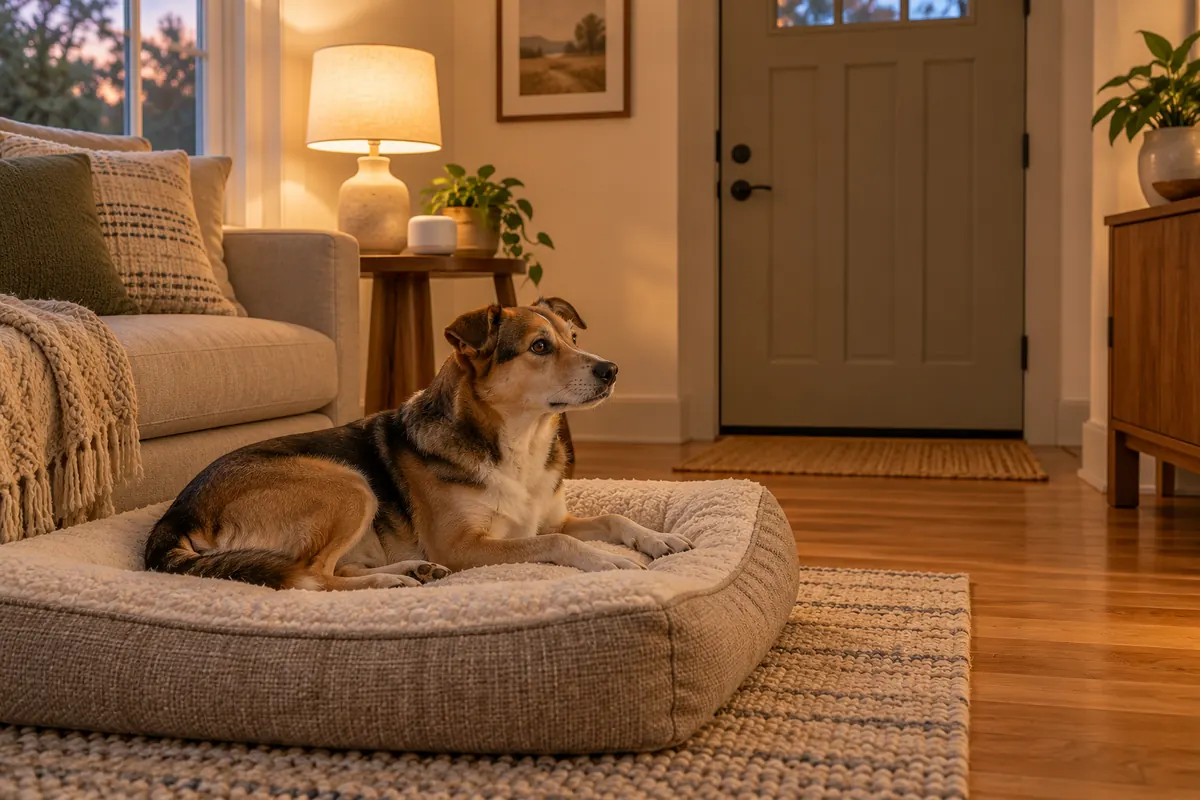 A calm mixed-breed dog resting on a beige bolster bed in a warm apartment living room at dusk, looking toward the closed front door, with a small white noise machine on a side table beside a lamp