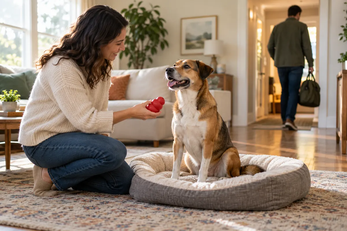 A happy brown, white and tan mixed-breed dog sits on a grey round bed as a woman kneels on the rug offering a red rubber food toy while a man with a duffel bag walks toward the hallway