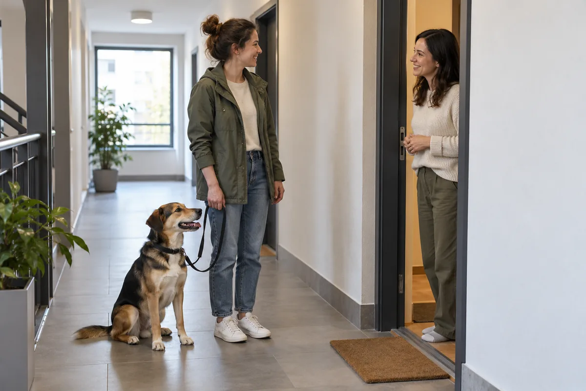 A smiling dog owner holding a leash talks with a neighbor standing in her open doorway in a bright apartment hallway, while a calm medium-sized brown, black and tan dog sits beside the owner