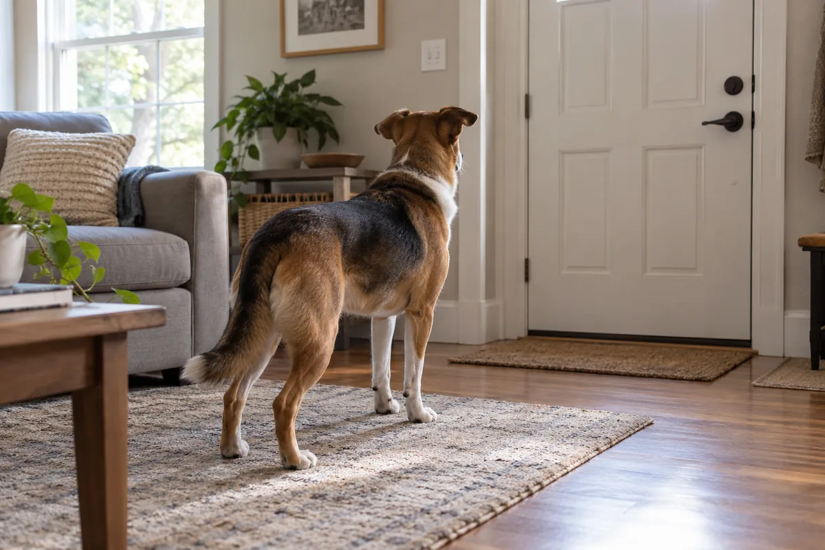 Mixed-breed dog home alone, watching a closed front door from a rug in a quiet, naturally lit living room.