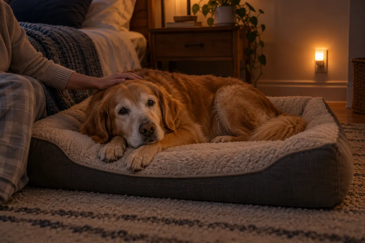 Senior golden retriever with a grey muzzle resting on an orthopedic dog bed beside a low night light while its owner calms it at night