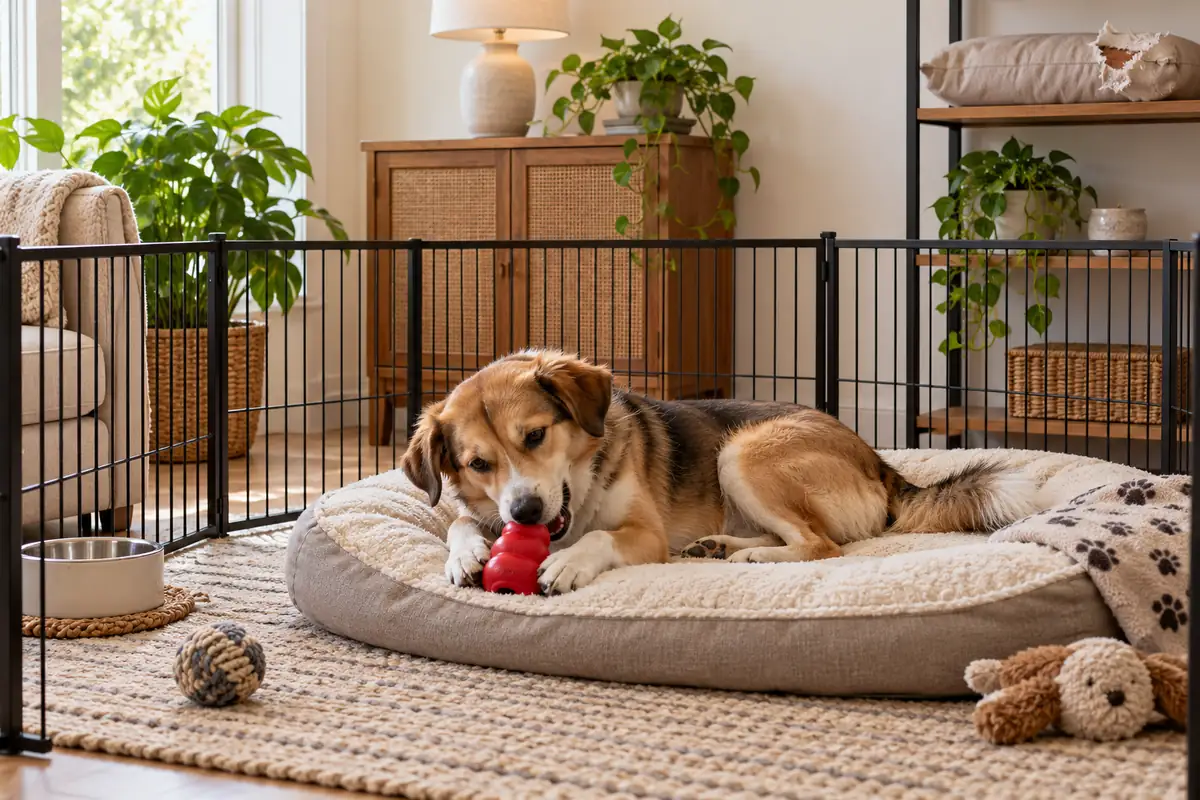 A calm medium-size dog lying on a soft bed behind a low exercise pen in a tidy, dog-proofed living room corner, chewing a red rubber stuffable toy, with a chewed cushion moved up onto a high shelf