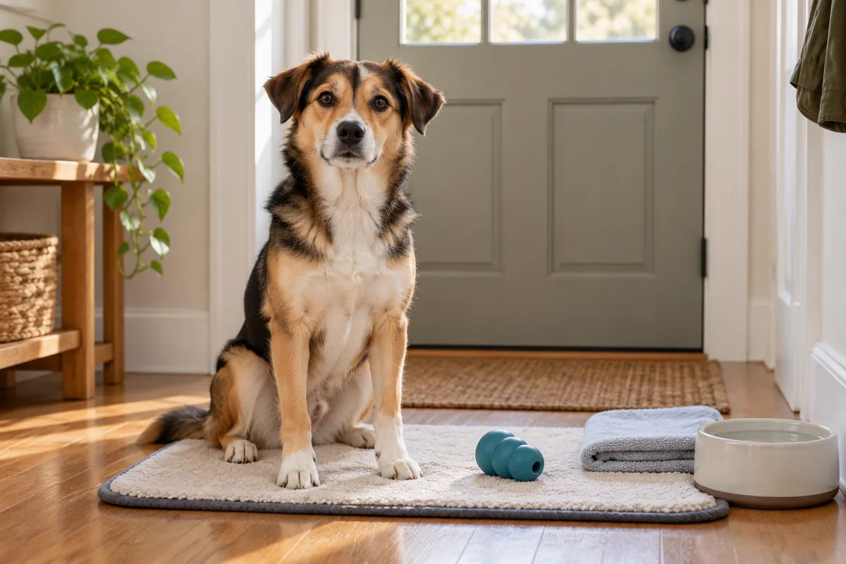 A brown, black and tan mixed-breed dog sits calmly on a cream mat in a bright hallway in front of a closed sage-green door, with a teal rubber food toy, a folded grey towel and a water bowl beside it
