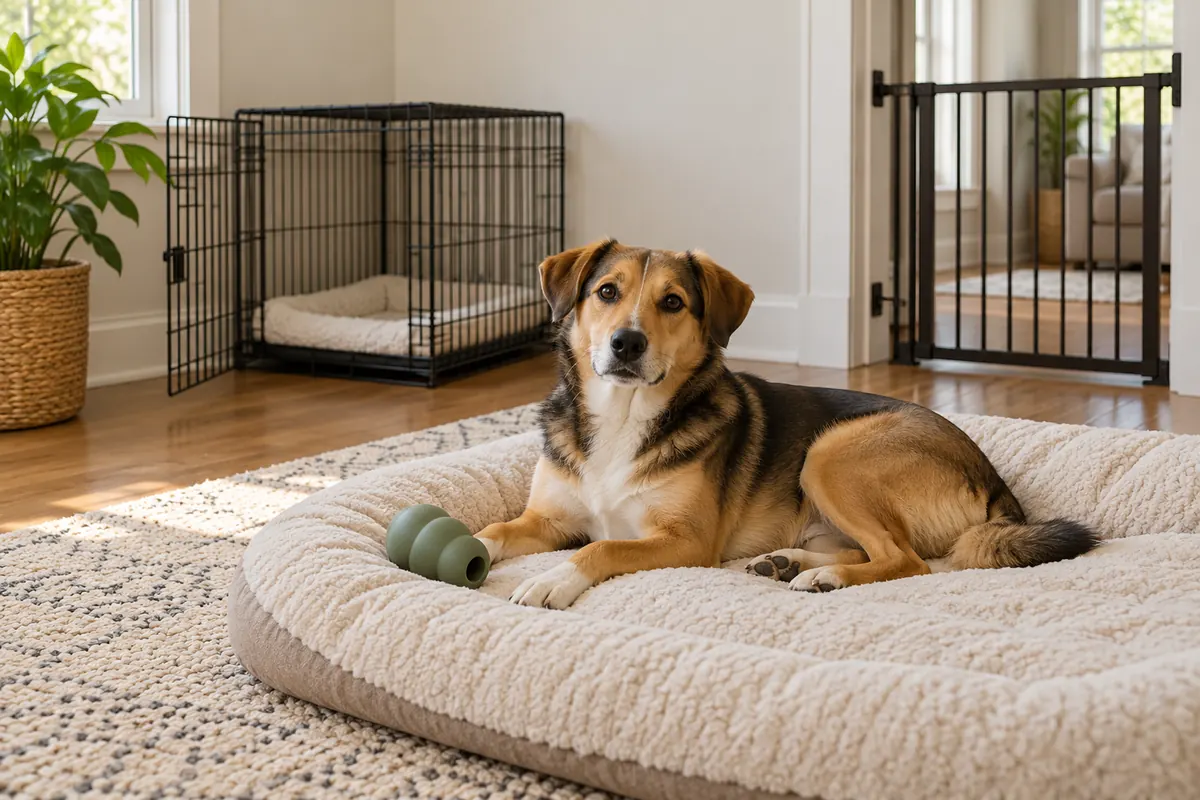 A tan and black mixed-breed dog rests on a large cream dog bed beside a green rubber food toy in a bright, tidy room, with an open black wire crate in the corner and a black pet gate across the doorway