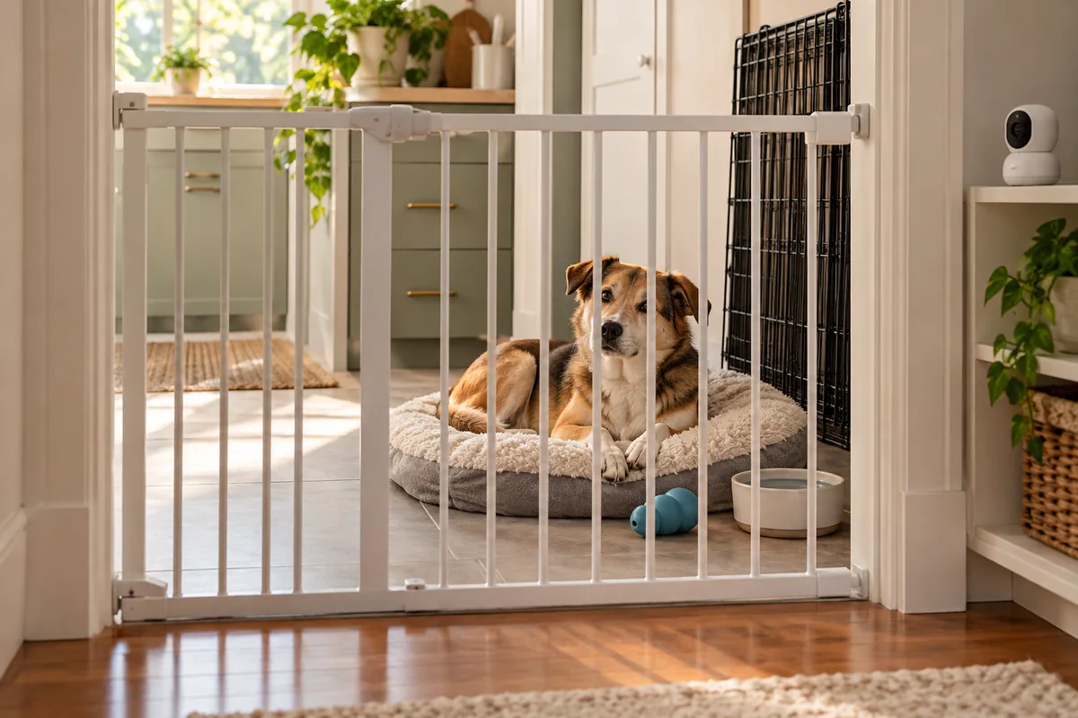 Calm tan and white mixed-breed dog lying on a round fluffy bed in a bright dog-proofed kitchen behind a white walk-through pet gate, with a water bowl, a blue rubber food toy, a folded black wire pen against the wall and a small white pet camera on a shelf