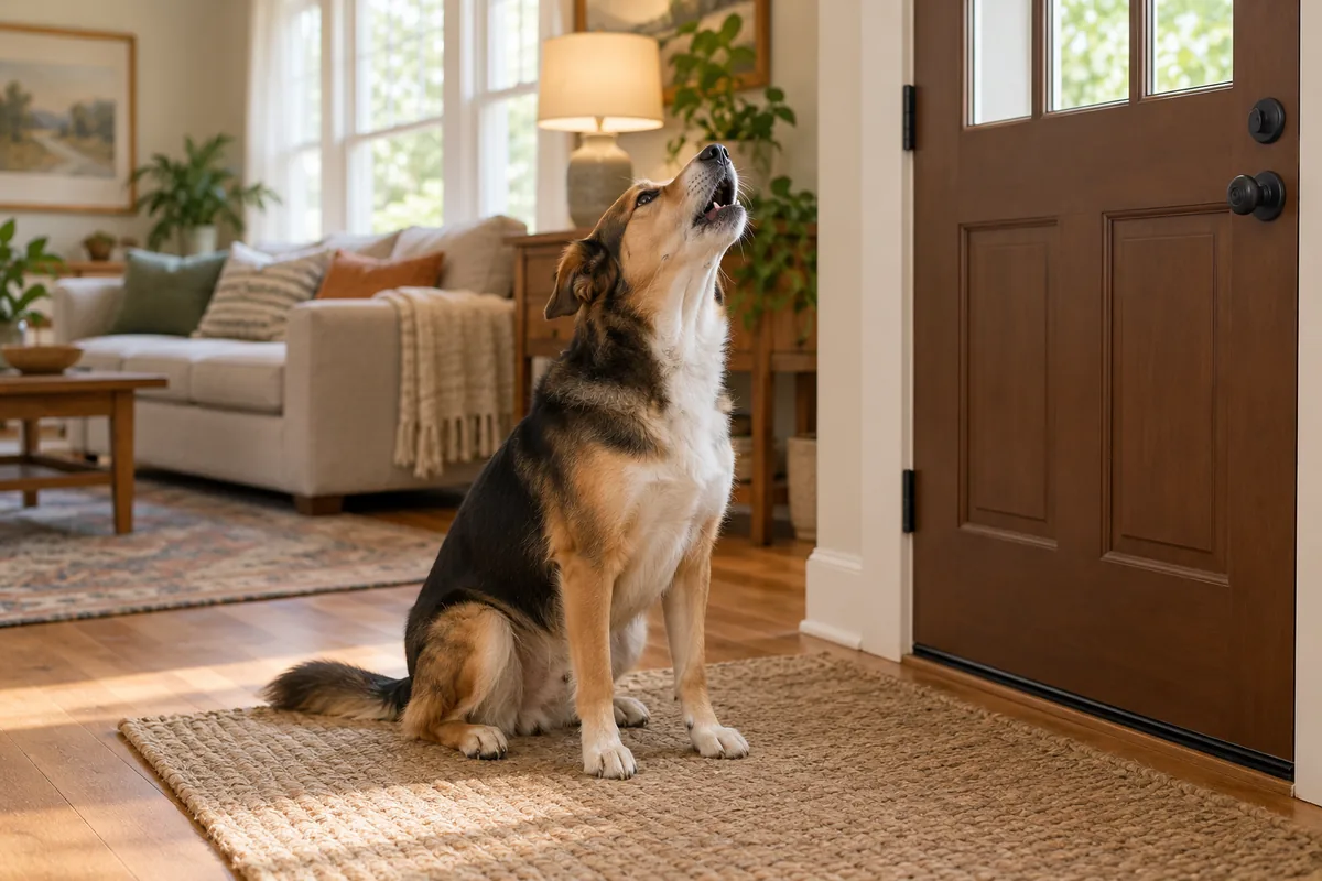 A medium-sized black and tan mixed-breed dog sits on a woven rug just inside a closed wooden front door, head tilted up mid-howl, with a sunlit living room and sofa behind it