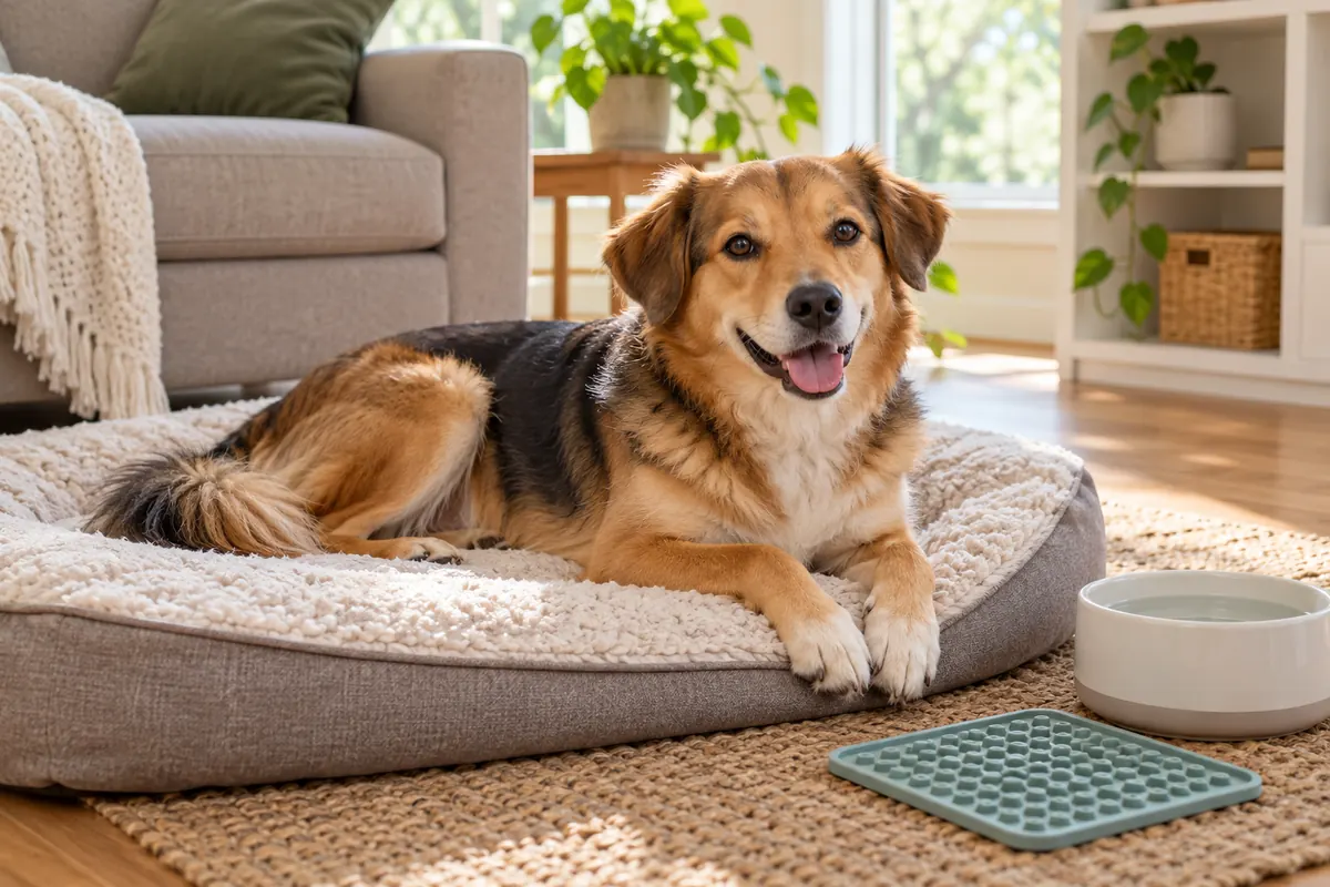 A happy tan, black and white mixed-breed dog lies on a cream and grey bed in a sunny living room, front paws resting together, with a teal lick mat and a water bowl on the rug beside it