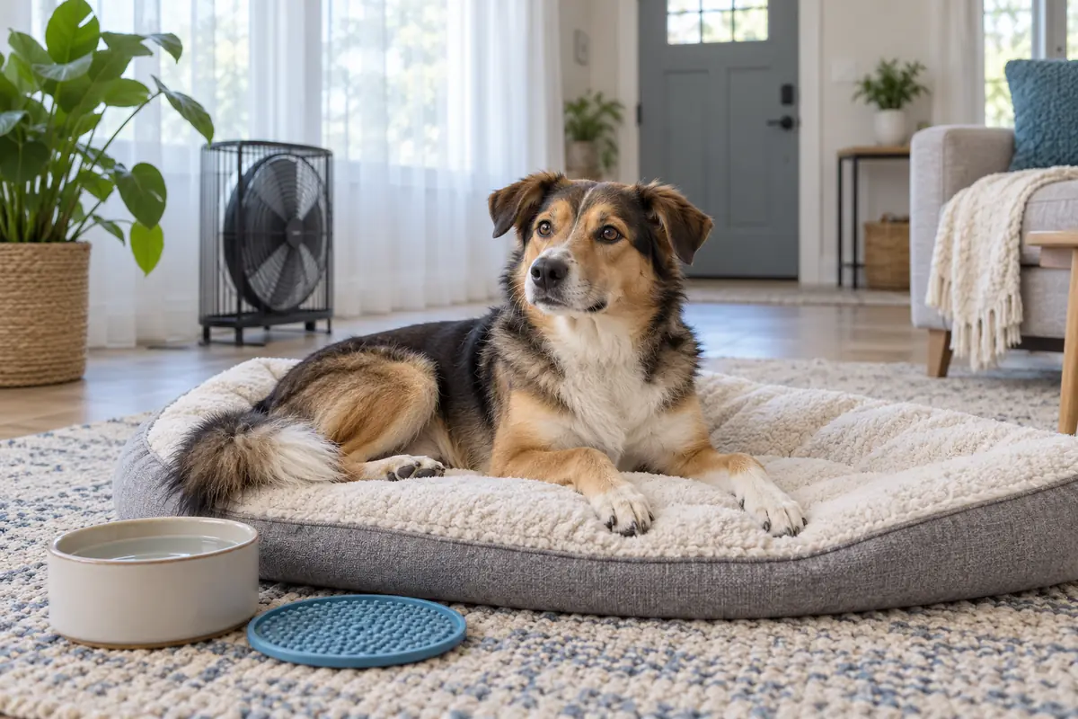 A relaxed mixed-breed dog lies on a grey and cream bed in a bright, tidy living room, with a water bowl and blue lick mat beside it and a floor fan nearby, the front door soft in the background