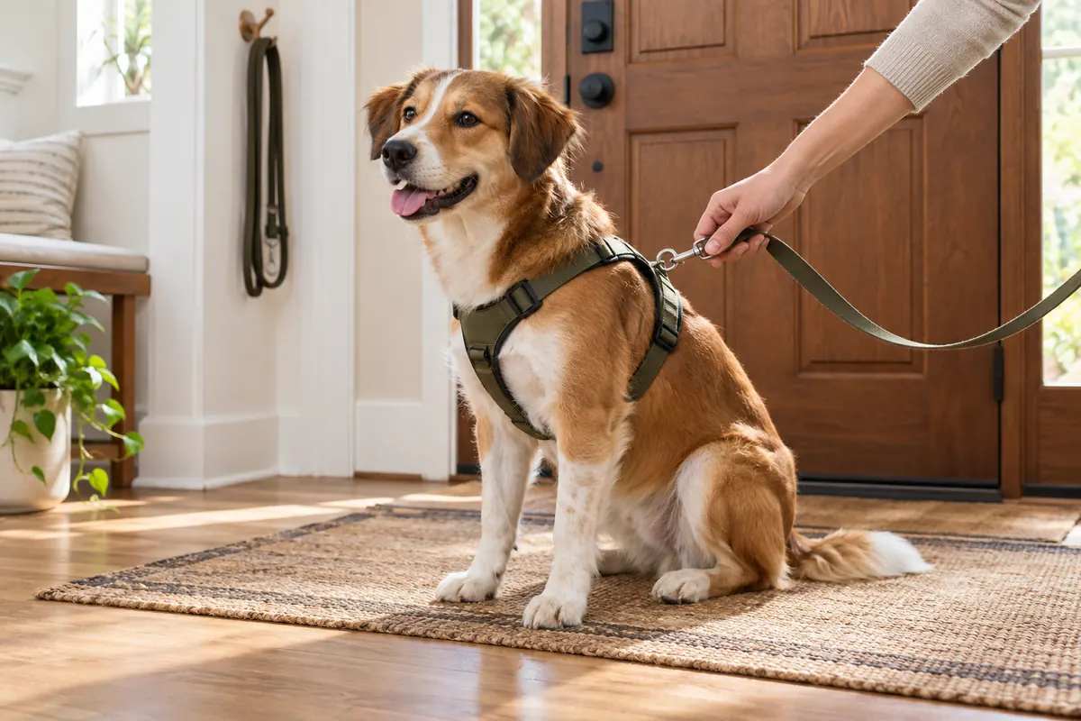 A brown and white dog in an olive harness sitting calmly on a woven rug by the front door while its owner clips on a leash for a potty walk