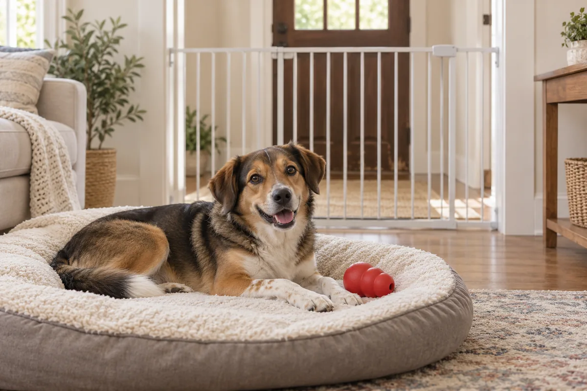 A tricolor mixed-breed dog rests on a round bed with a red rubber food toy in a bright living room, a white pet gate in front of the front door behind it