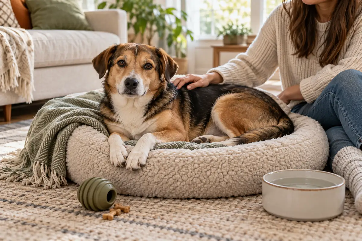 A calm tan, black and white mixed-breed dog lies on a round cream plush bed with a green knit blanket while a woman in a cream sweater and jeans sits on the floor beside it with a hand on its back, a green rubber food toy with a few biscuits and a ceramic water bowl on a woven rug in a bright living room