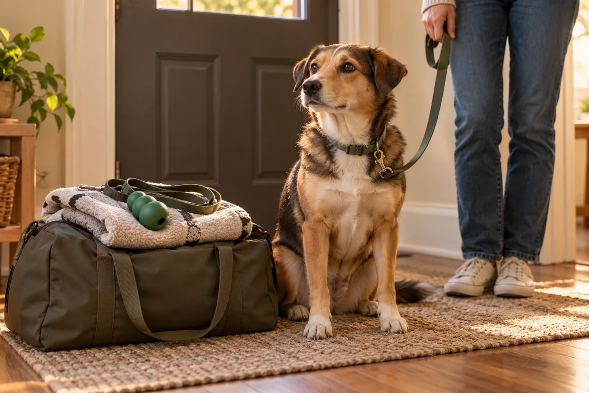 Calm medium-sized dog sitting by a front door next to a packed dog travel bag with a folded blanket, a rubber food toy and a leash on top, while a person holds the dog's leash in warm afternoon light
