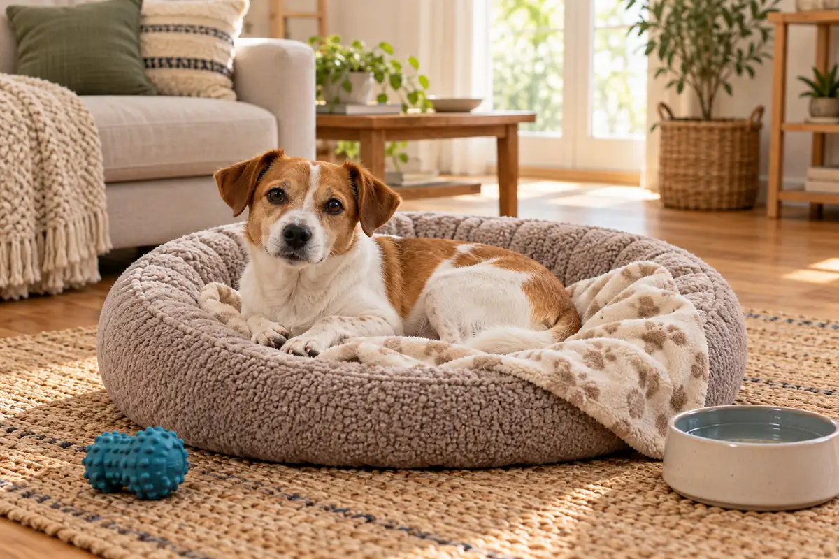 A small brown and white short-coated dog lies calmly in a round taupe plush bed with a cream blanket in a sunny living room, a teal rubber chew toy and a water bowl on the rug beside it