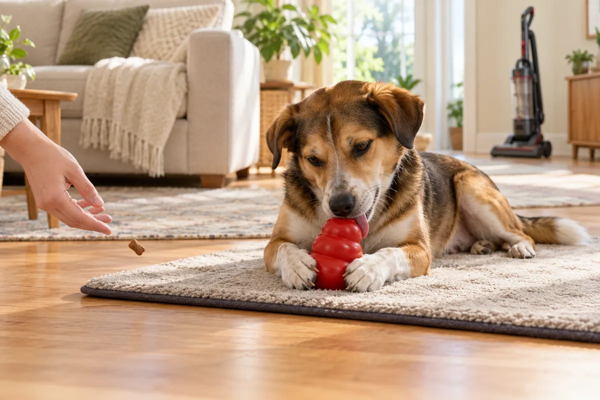 Mixed-breed dog lying calmly on a rug licking a red KONG toy while an owner tosses a treat, with an upright vacuum cleaner parked in the background