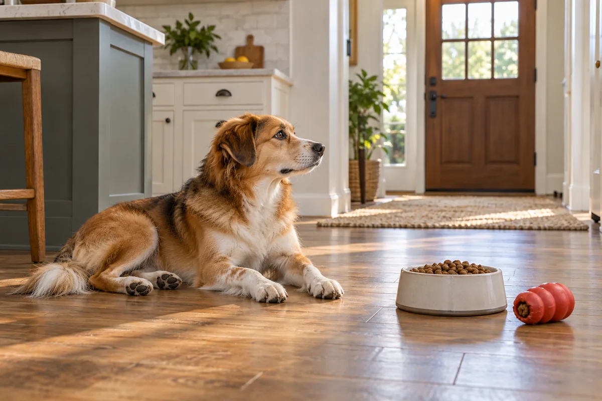 Calm mixed-breed dog resting on a kitchen floor beside a full food bowl and stuffed toy, watching the front door.