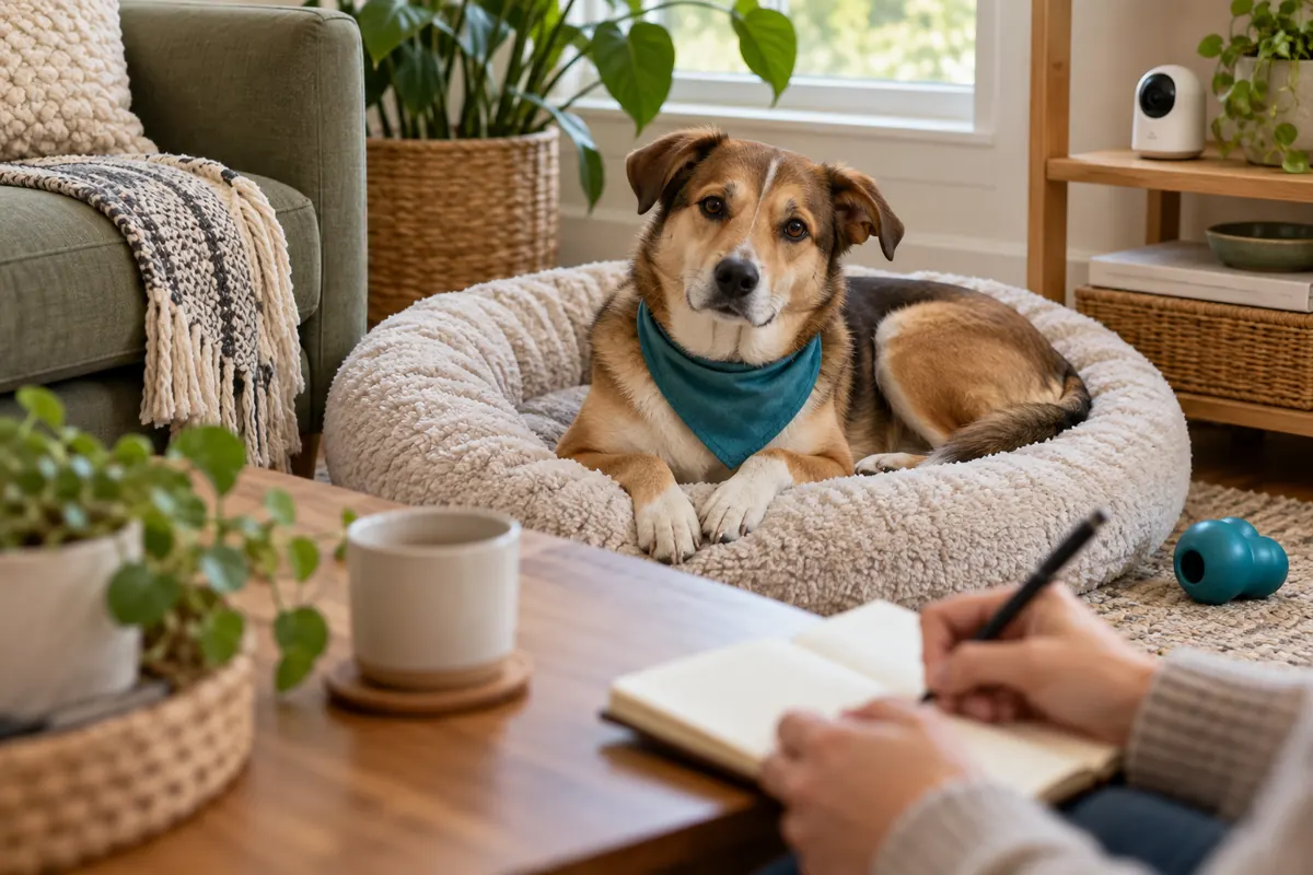 Calm mixed-breed rescue dog in a teal bandana lying on a round fluffy bed in a cozy living room while a person writes in a notebook at the coffee table, with a blue rubber food toy on the rug and a small white pet camera on a shelf