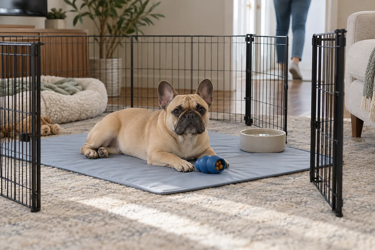 Fawn French Bulldog resting calmly in a wire exercise pen with a stuffed KONG and water bowl while a person walks toward the door