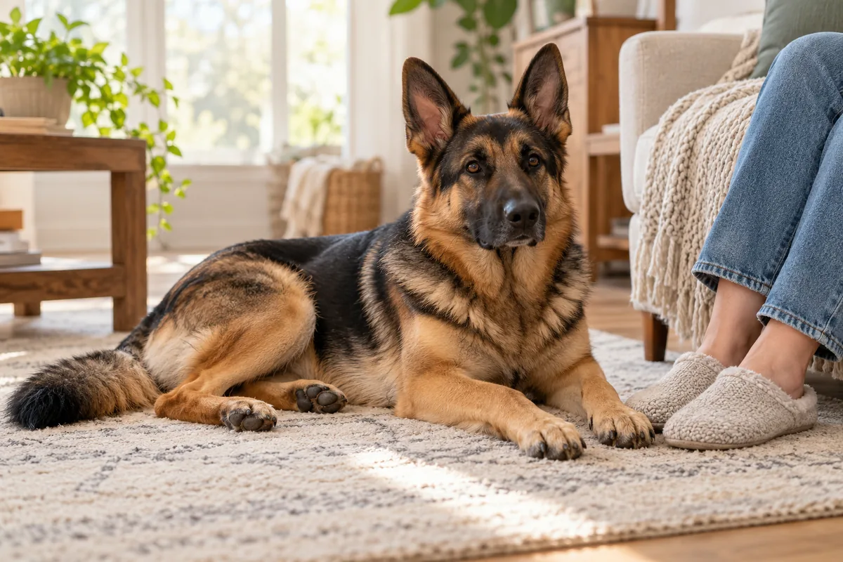 German Shepherd staying close beside its owner at home