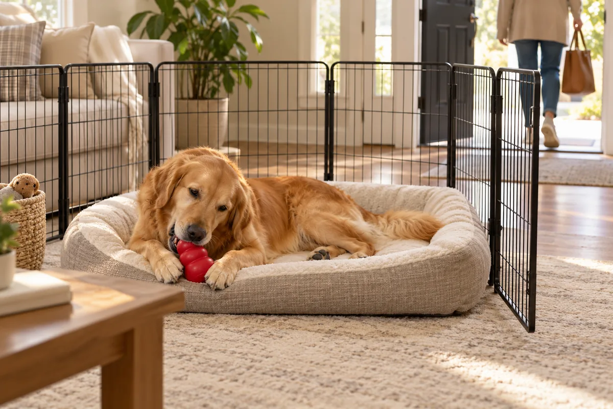 Adult Golden Retriever relaxing on a bolster bed inside an open wire exercise pen, chewing a red stuffable rubber toy while a person heads out the front door