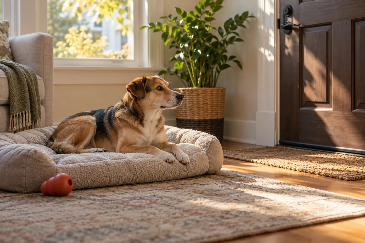 A calm tan-and-black adult dog lies on a cushioned bed in a sunny living room, looking toward a wooden front door, with a red rubber stuffed food toy on the rug beside it