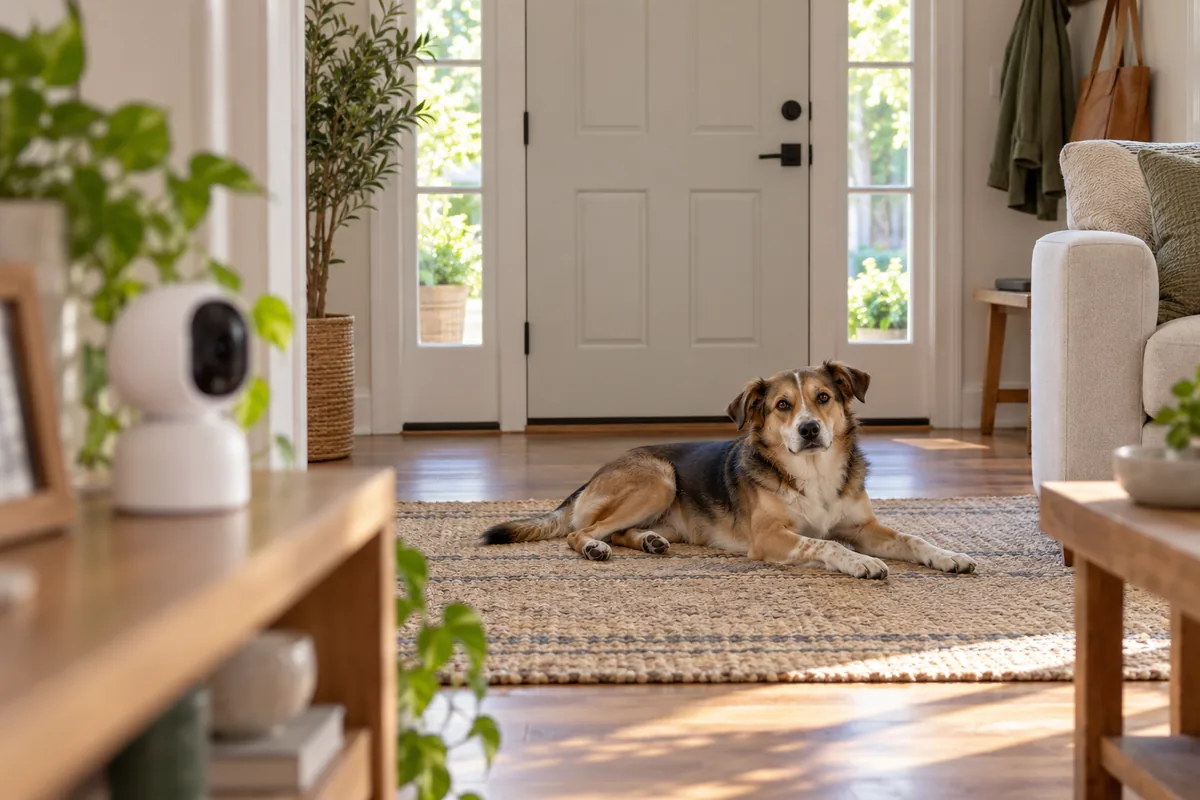 A relaxed mixed-breed dog lying on a woven rug in a bright living room near a white front door, with a small white home camera on a wooden shelf in the foreground.