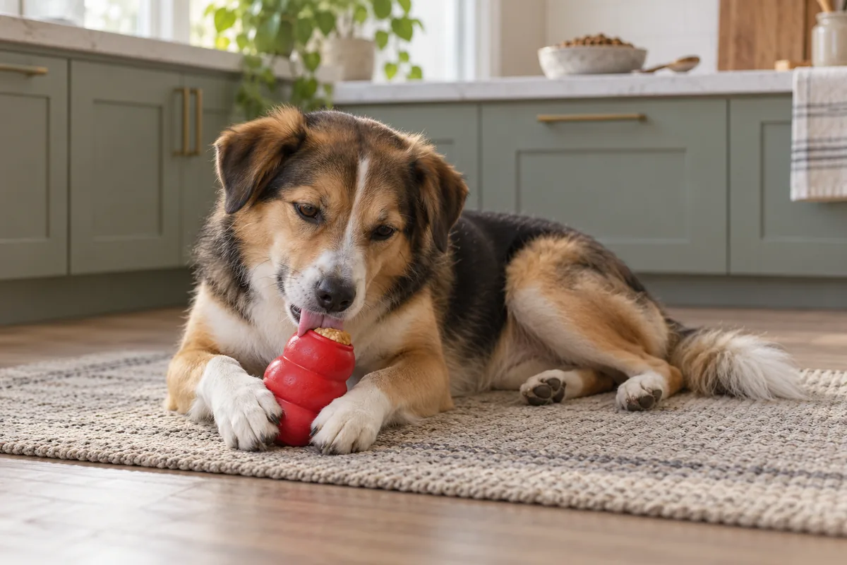 A brown, black and white dog lies on a woven rug in a kitchen, licking peanut-butter-like filling from a red rubber stuffable toy held between its front paws.