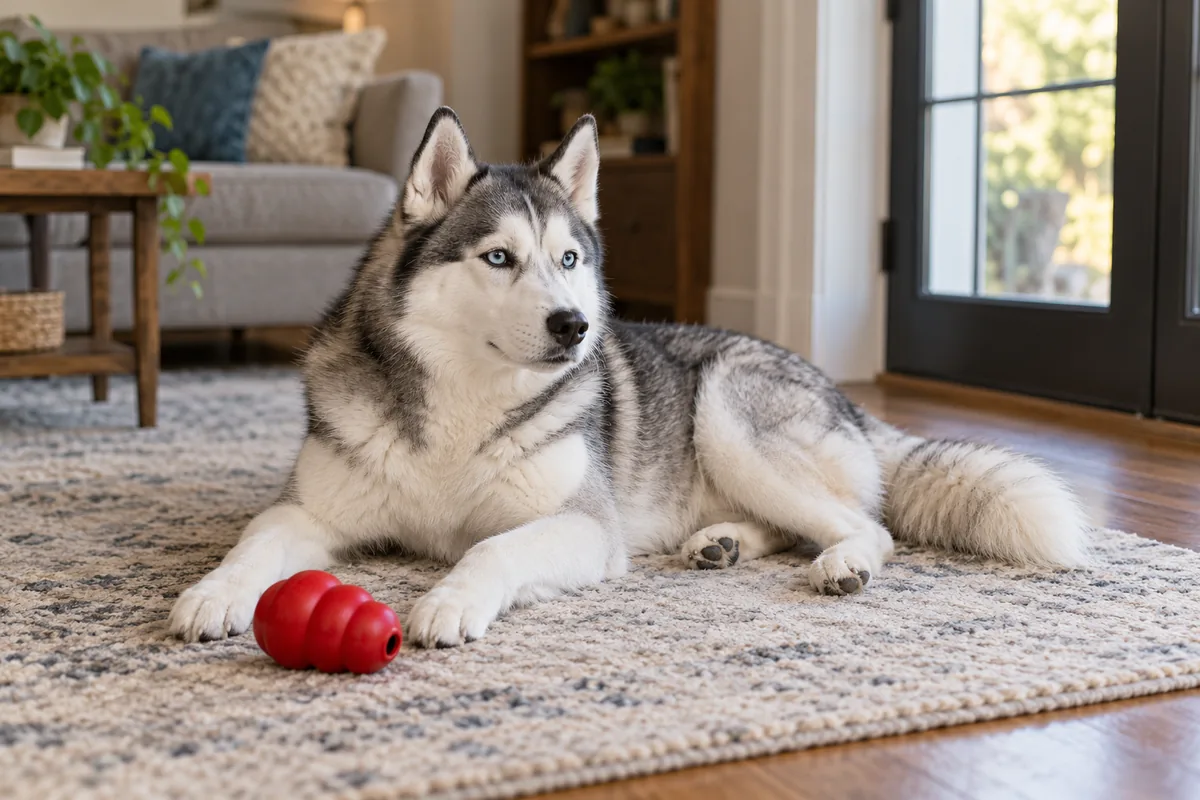 Calm adult Siberian Husky resting near a doorway with a red KONG toy nearby