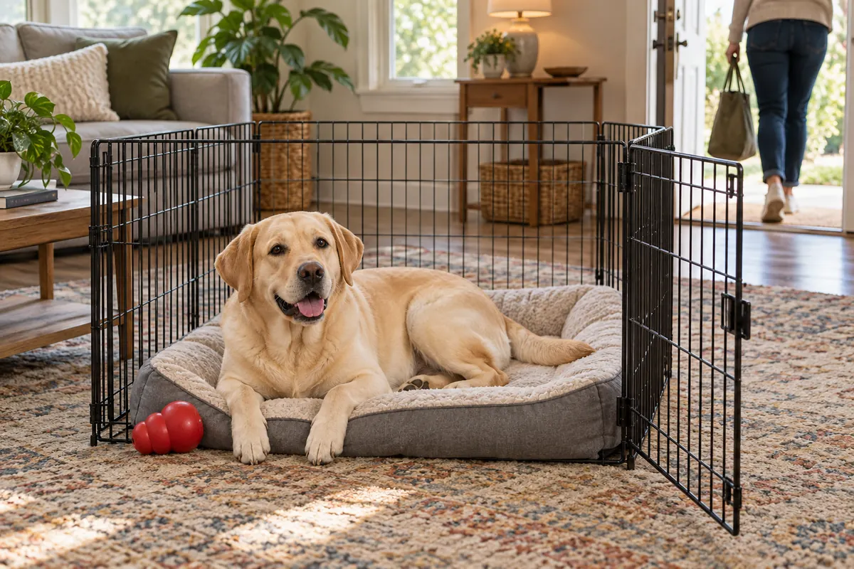 Calm adult Labrador Retriever resting in an open exercise pen with a red KONG while an owner leaves through the front door