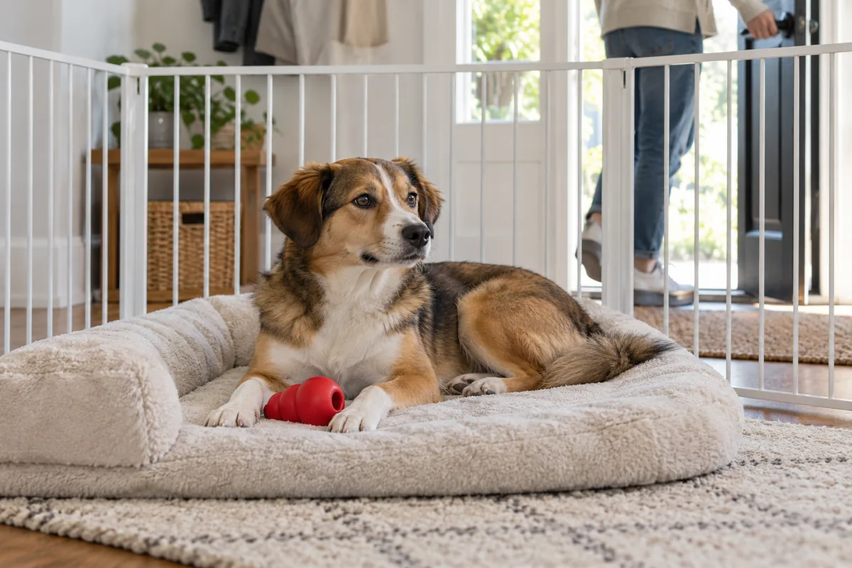 A young tricolor mixed-breed dog lies on a plush cream bed with a red rubber food toy behind a white pet gate while a person in jeans quietly opens the front door to leave